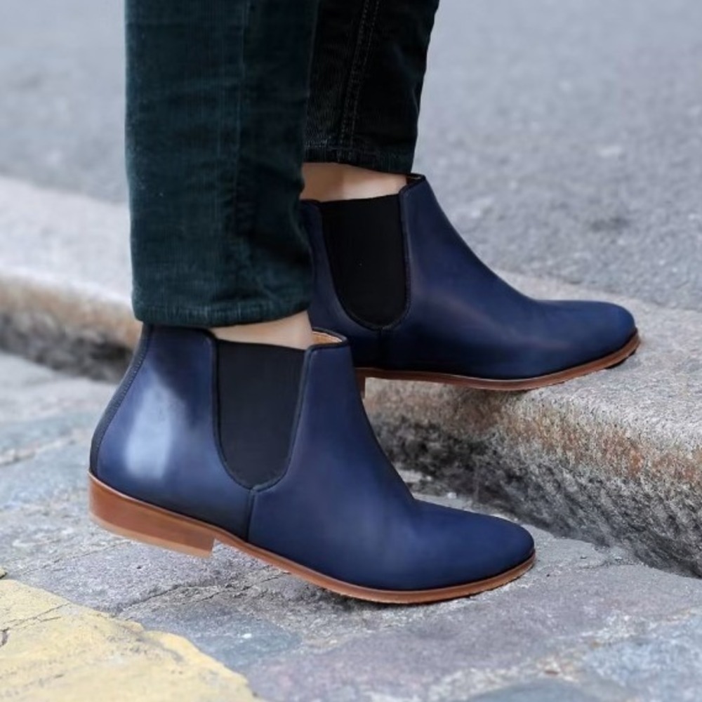 Sezane Navy Blue Leather Chelsea Boots Ankle Size FR38 US7‎